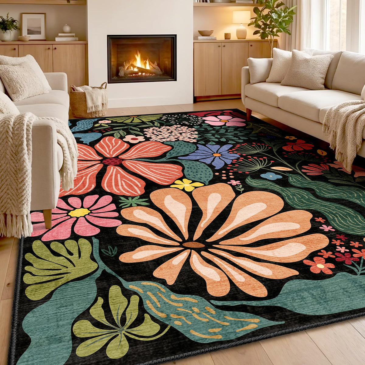 MUJOO Pink Washable 2x6 Runner Rugs Floral Area Rugs Non Slip Low-Pile
