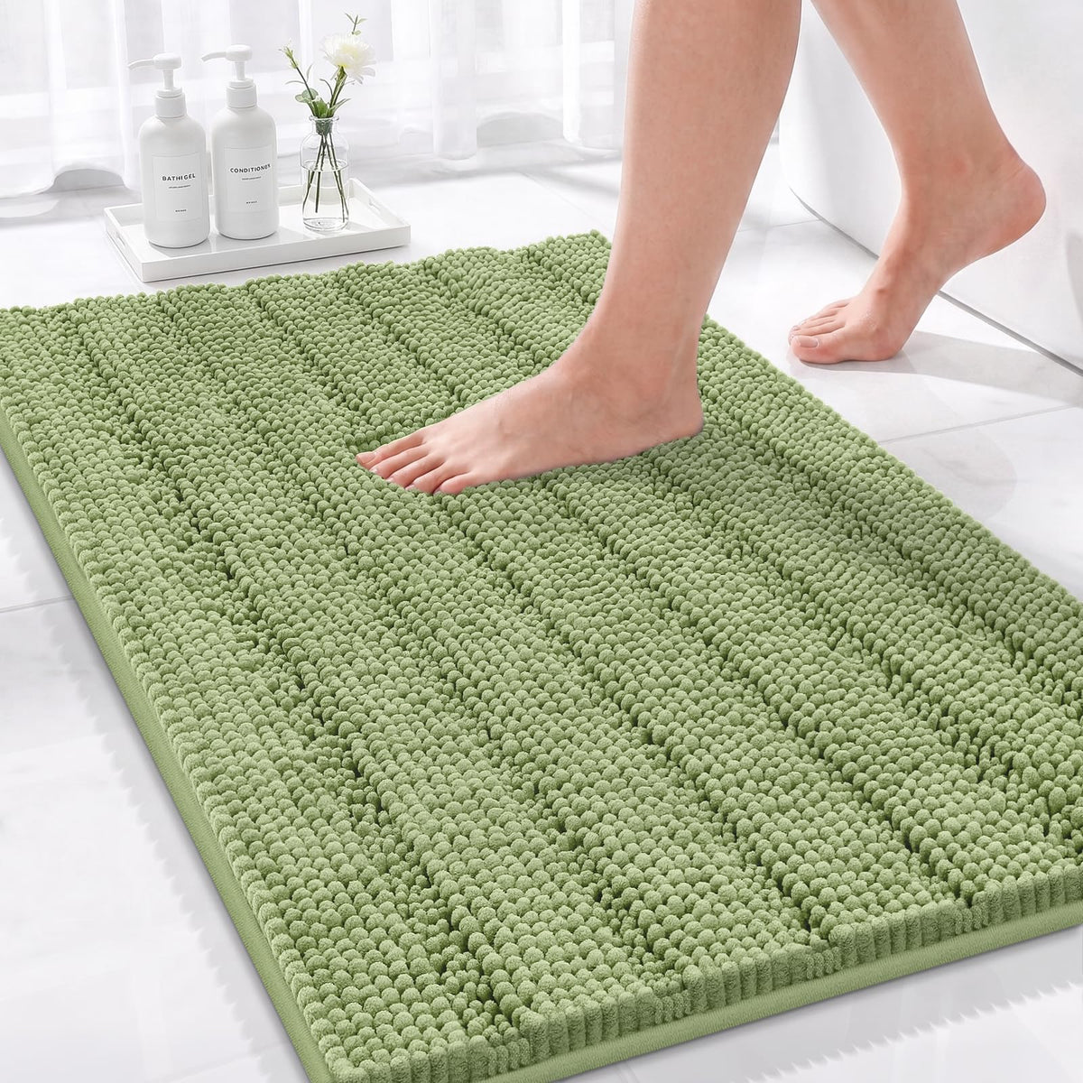 Bcoimo Small Bath Rug Mat,24x17 Chenille Non Slip Gray Bathroom Shower Mat