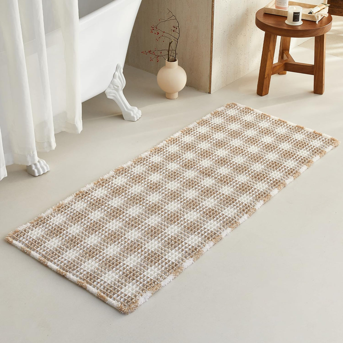 TYUU Waffle Bath Mat, Boho Bathroom Rugs Non Slip Washable, 30x20 Khaki