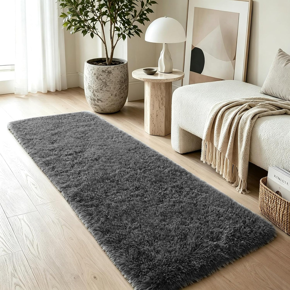 2x6 Dark Grey Fluffy Runner Rug for Hallway and Bedroom, Washable Soft Shaggy Carpet, Non-Slip Thick Shag Rug for Bedside and Living Room, Kids' and Girls' Nursery, Aesthetic Home Decor