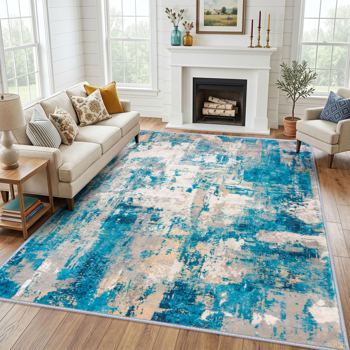KOZYFLY Abstract Entryway Rug 2x3 Washable Door Mat Indoor Blue Beige
