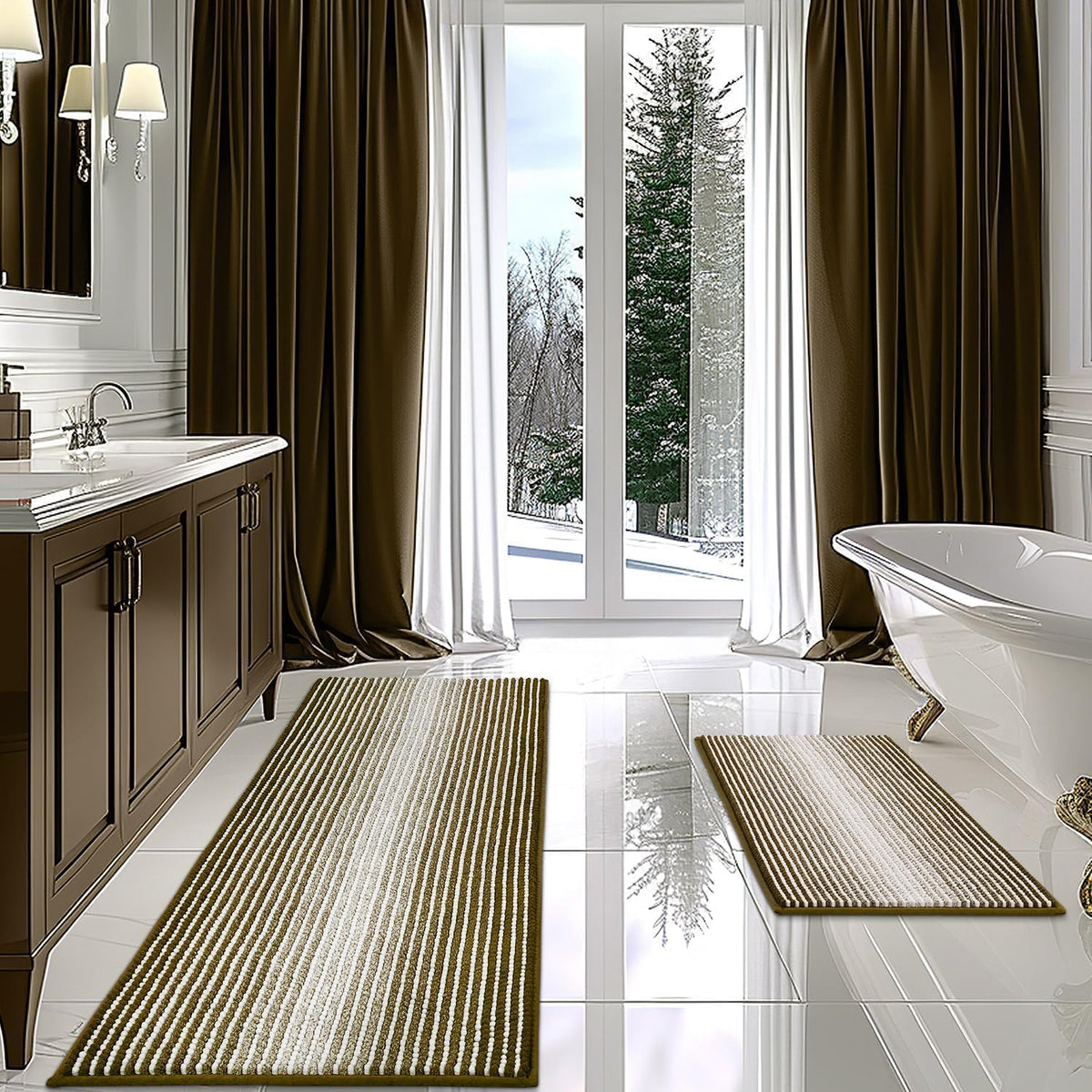 BSICPRO Bathroom Rugs Sets 2 Piece, Non Slip Striped Bath Mats, Sage