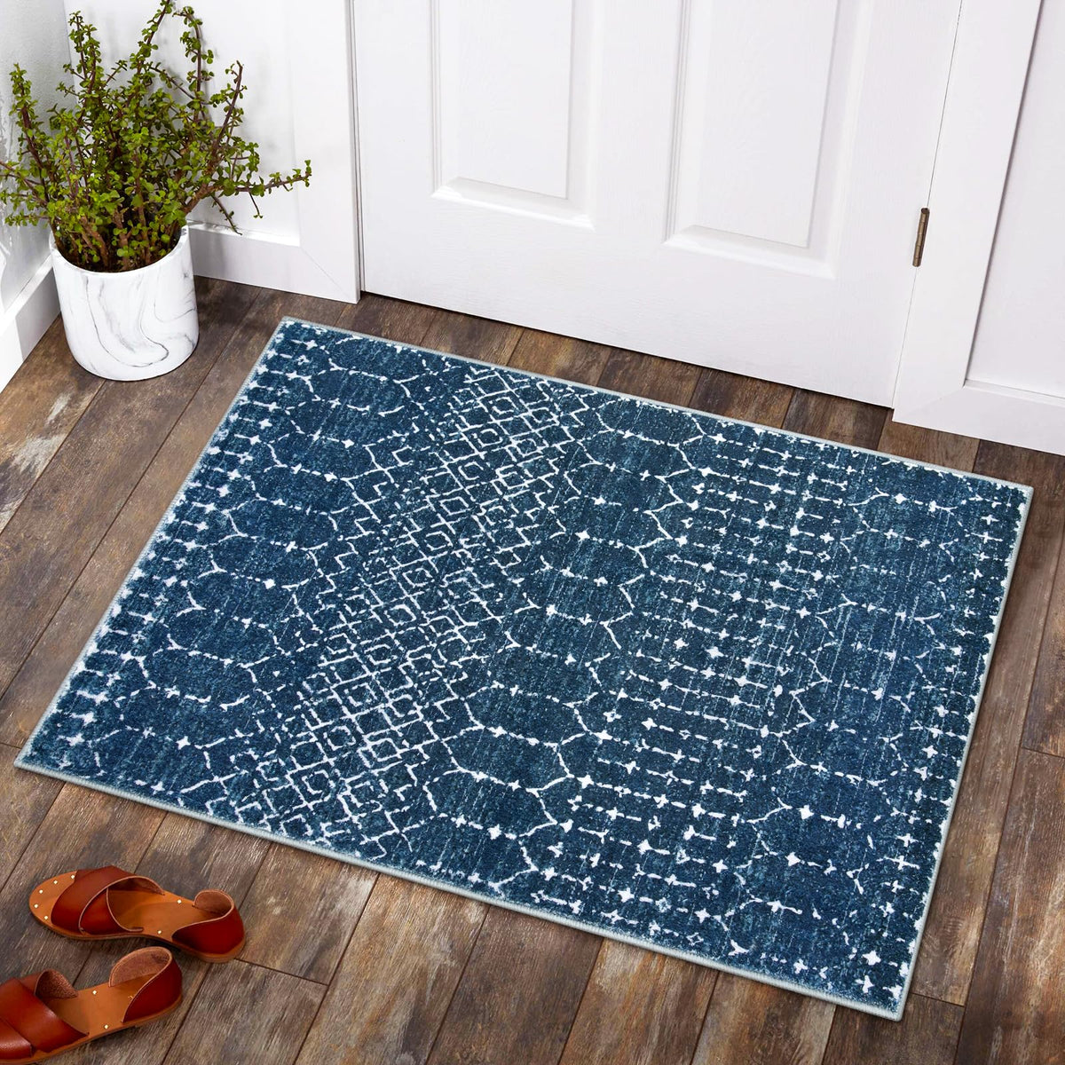 Lahome Moroccan Indoor Rugs for Entryway 2x3 Area Rug Non-Slip Backing Washable Inside Door Mats Low-Profile Throw Soft Rugs for Bathroom, Geometric Print Distressed Blue Rug for Kitchen Bedside Hana