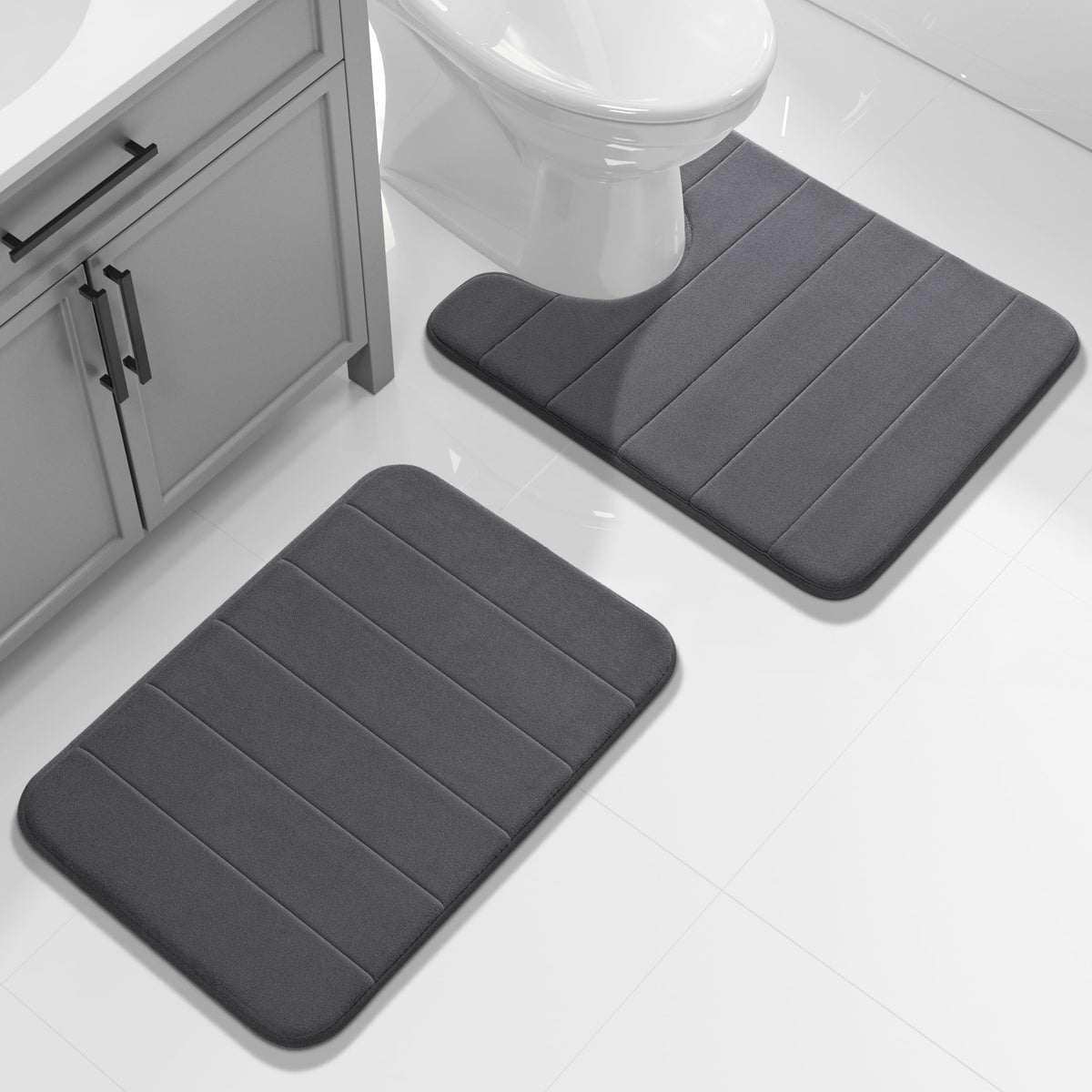 Yimobra Memory Foam Bathroom Rugs Sets 2 Piece - Super Soft Absorbent Quick Dry Bath Mat Set, Machine Washable Non Slip Floor Carpet for Tub Shower & Single Sink (17x24 & 31.5x20 Inch, Gray)