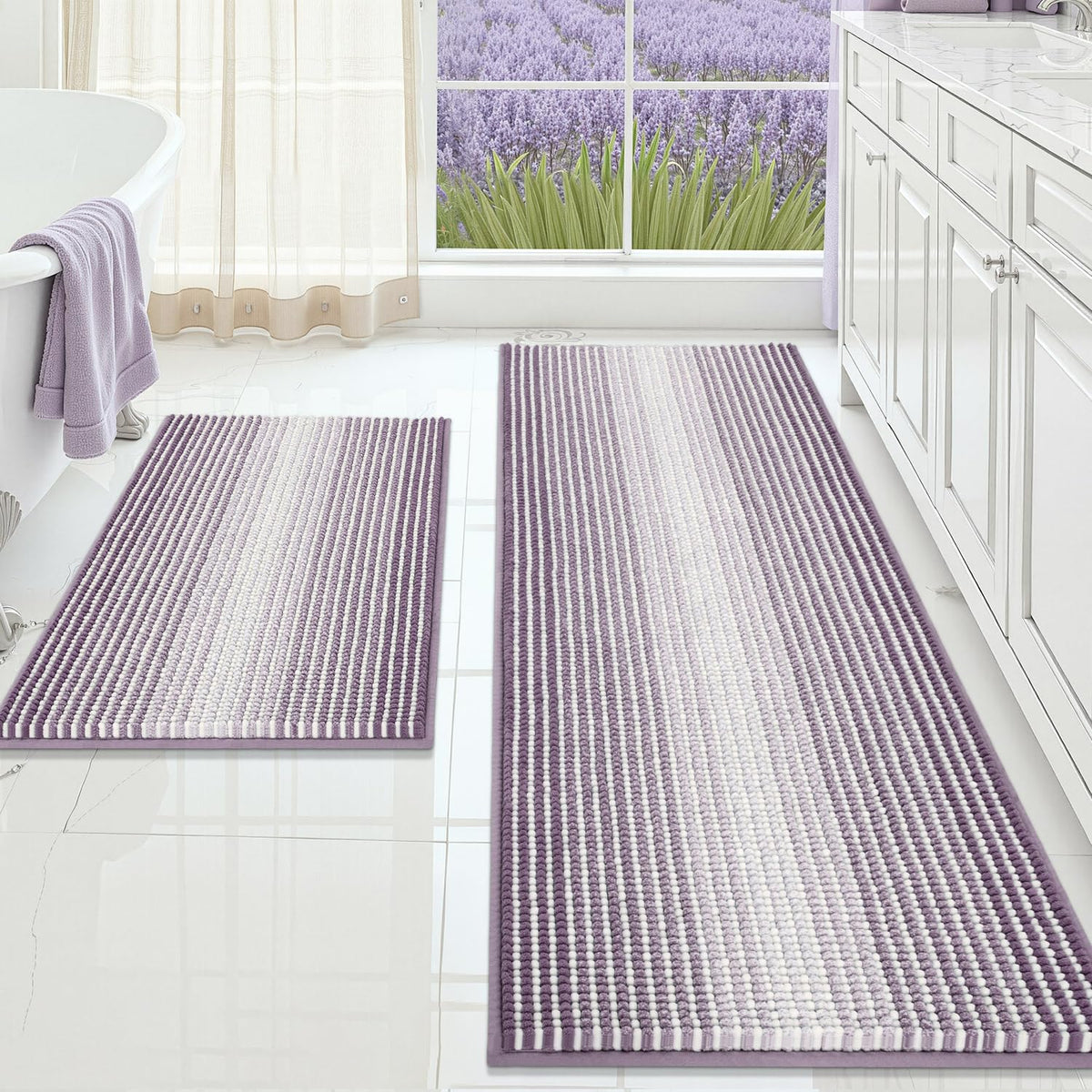 BSICPRO Bathroom Rugs Sets 2 Piece, Non Slip Boho Bath Mats, Beige
