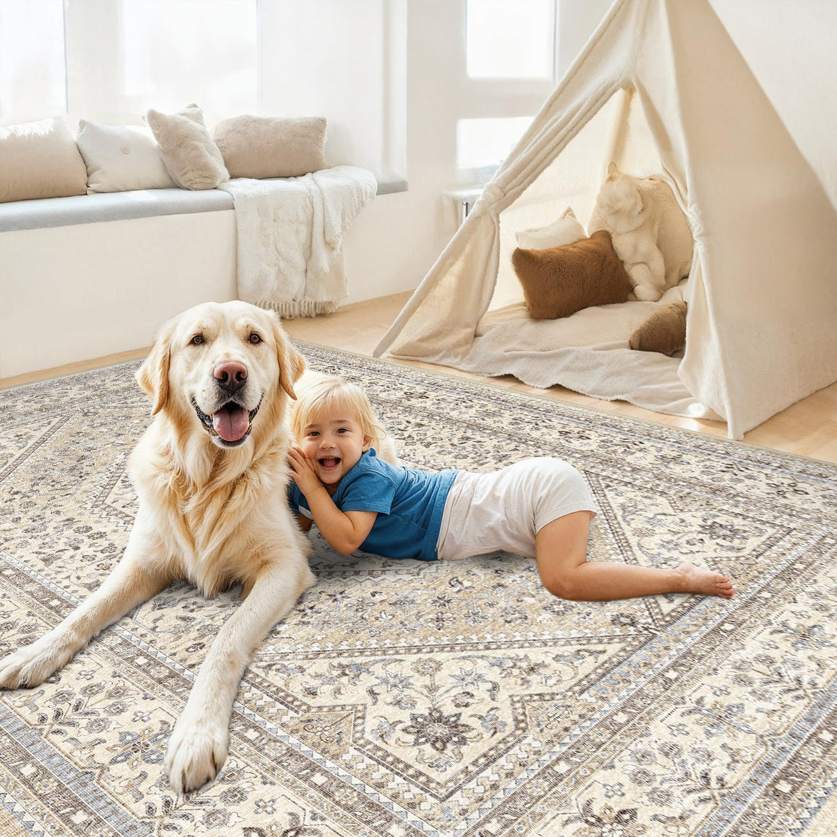 2x3 Washable Entryway Area Rug - Non-Slip Boho Throw Rugs Beige Gray