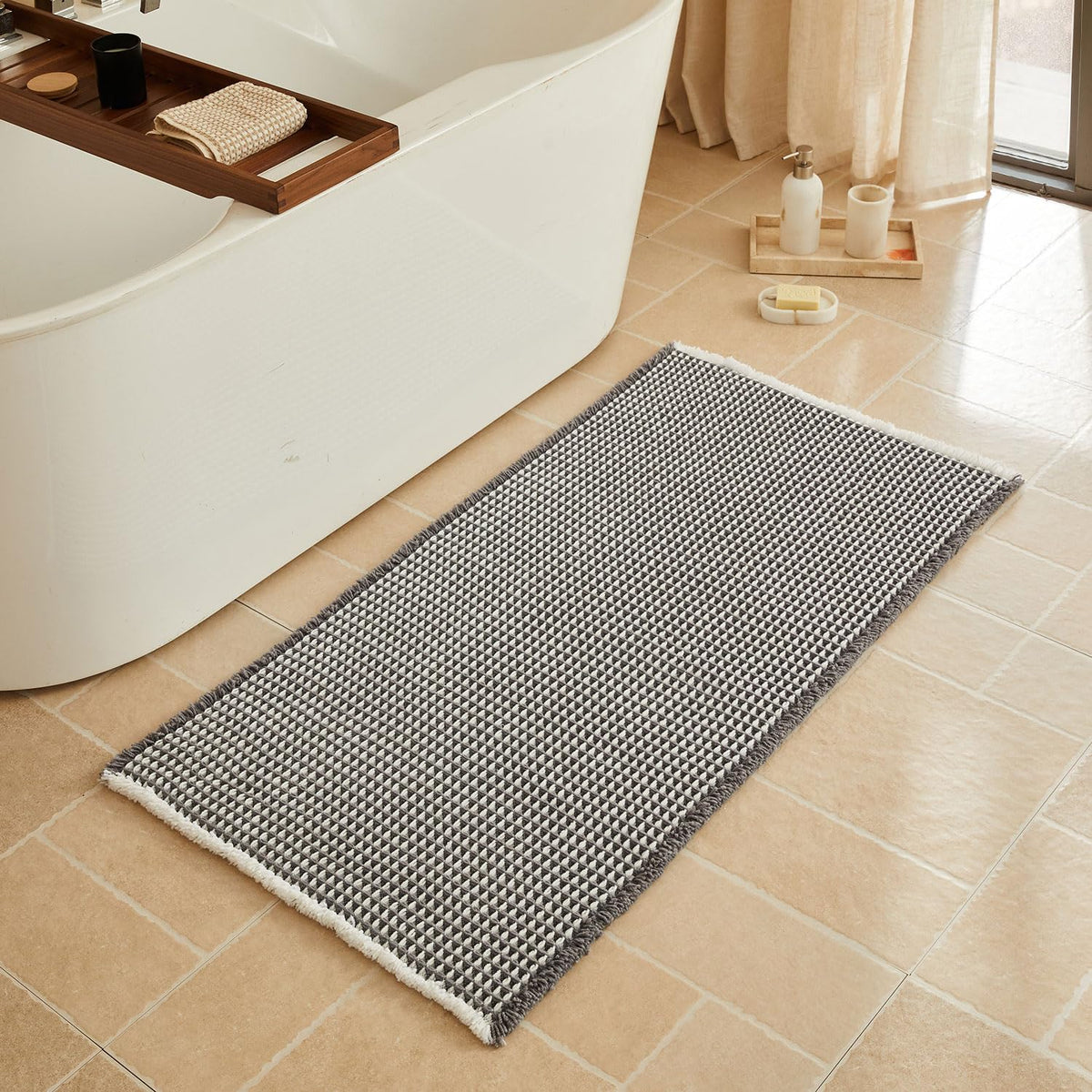 Triohero Waffle Bath Mat, Small Boho Bathroom Rugs Non Slip, 16x24 Khaki