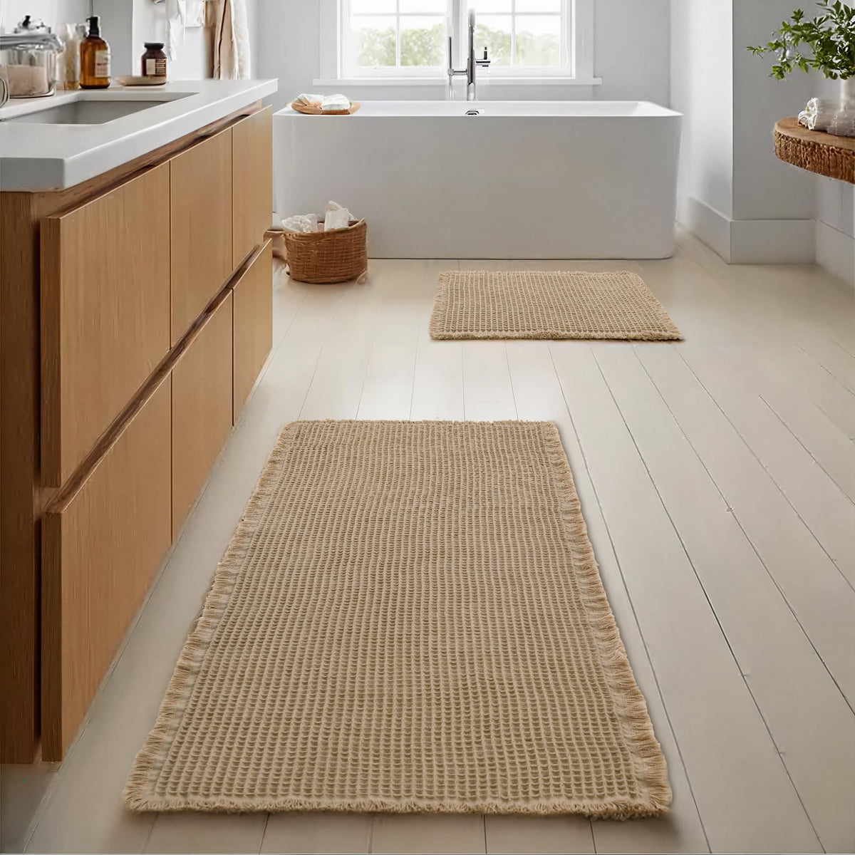 JIUZHEN Set of 2 Waffle Bath Mats Boho Bath Rugs 16"x24"+20"x32", Brown