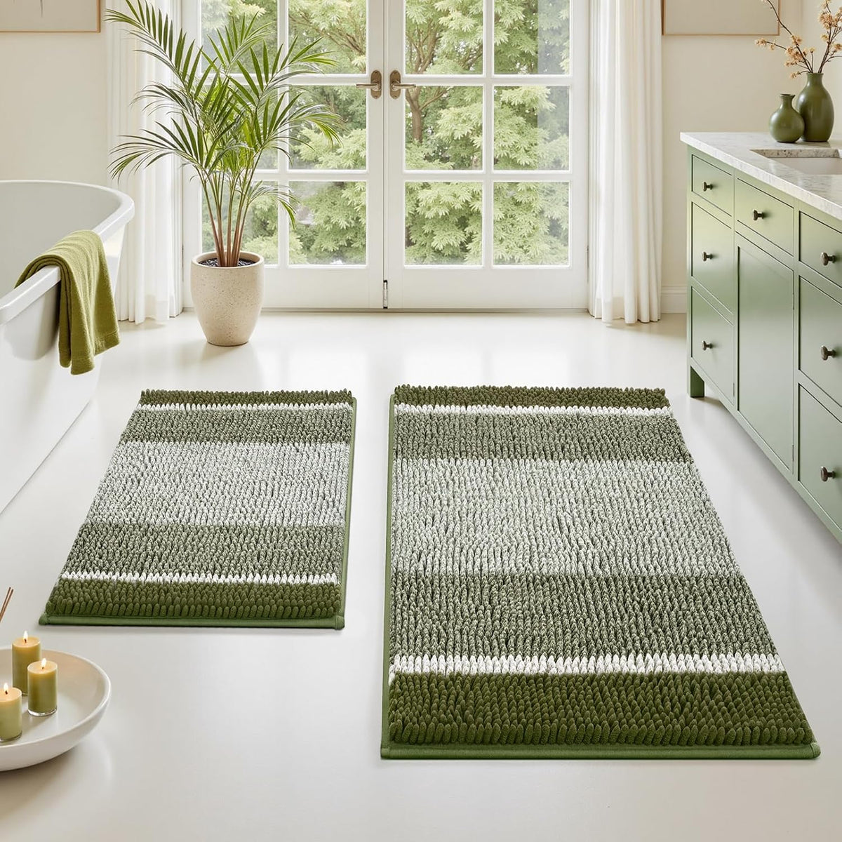 HOMEIDEAS Sage Green Bathroom Rugs Sets 2 Piece Chenille, 20"x32"+17"x24"