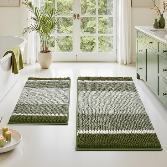 HOMEIDEAS Sage Green Bathroom Rugs Sets 2 Piece Chenille, 20"x32"+17"x24"
