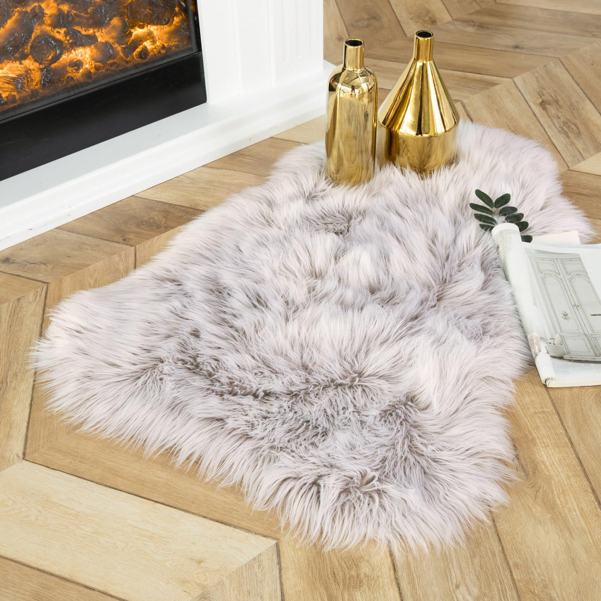 Ashler Faux Fur Rug, White, 2x3 Ft, Machine Washable