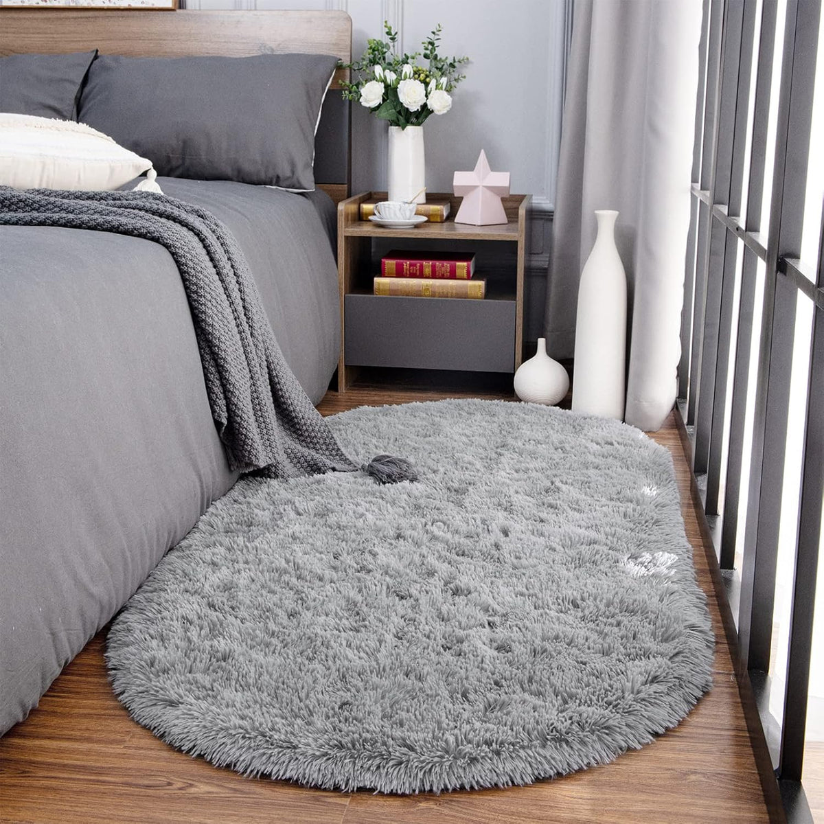 Noahas 2.6x5.3 Grey Fluffy Soft Oval Rug Non-Slip for Bedroom Dorm Hallway