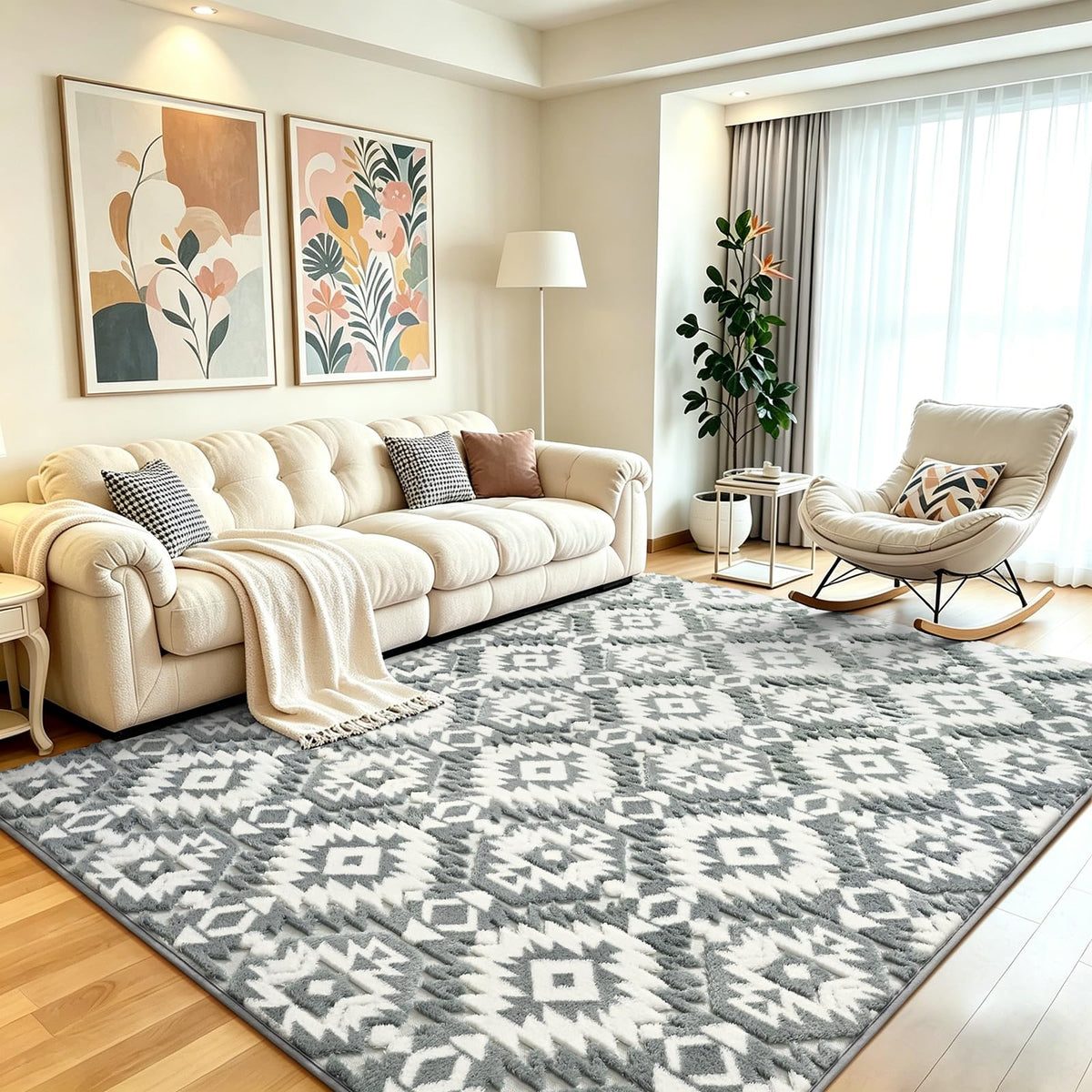 Grey Fluffy Area Rug for Bedroom, 3x5 Geometric Shag Rugs