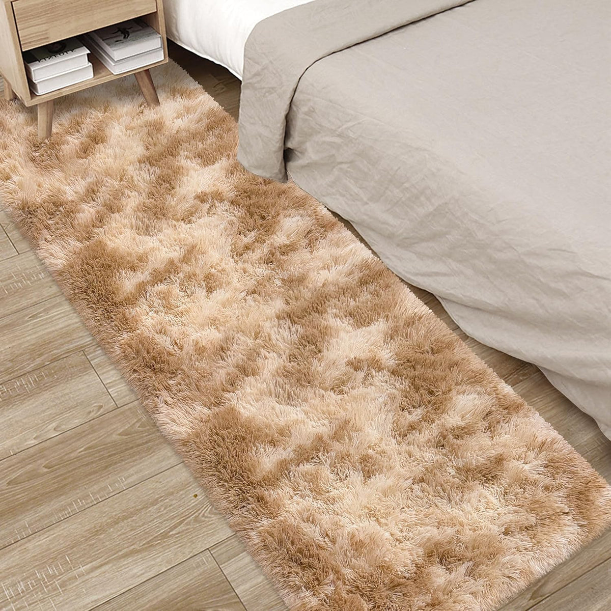 Soft Fluffy Beige Runner Rug for Bedroom, Bedside Long Rug Runner