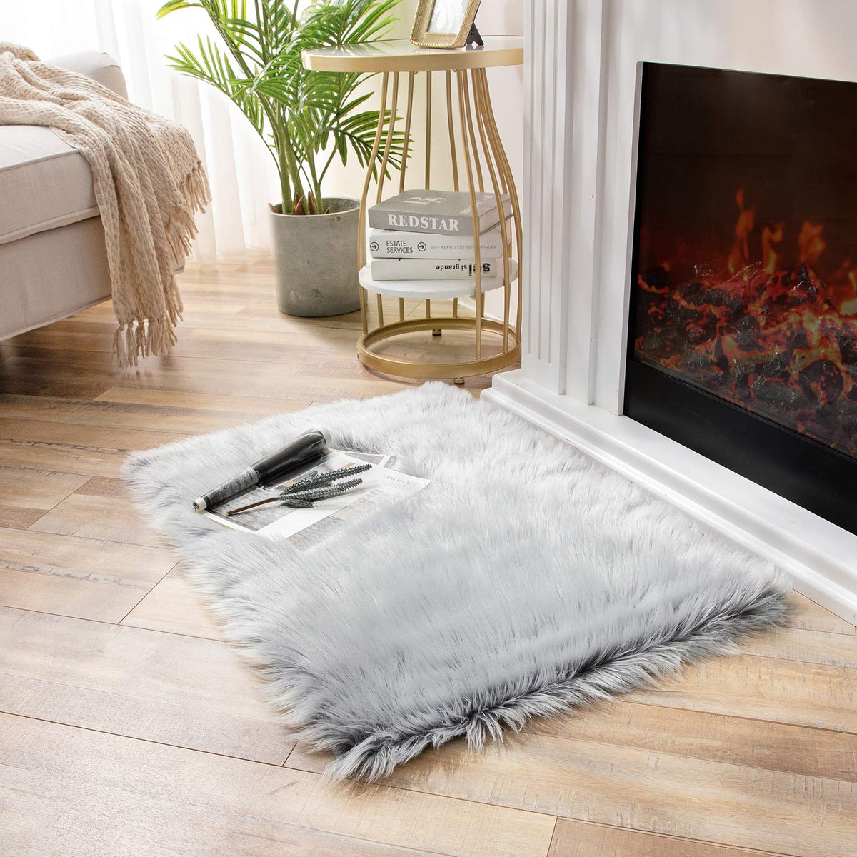 Ashler Faux Fur Rug, White, 2x3 Ft, Machine Washable