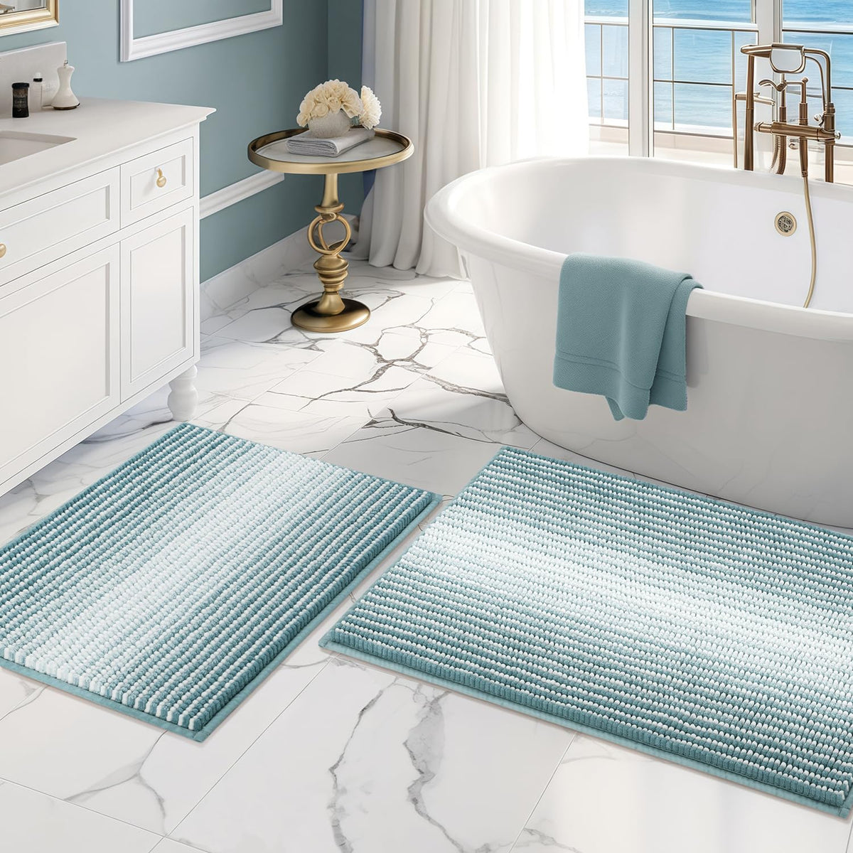 BSICPRO Bathroom Rugs Sets 2 Piece, Non Slip Boho Bath Mats, Beige