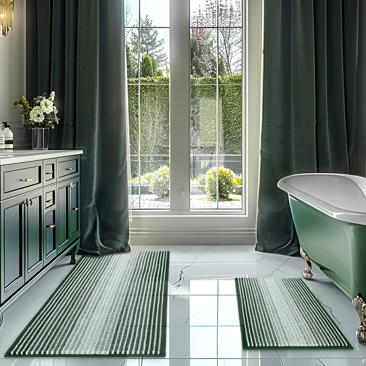 BSICPRO Bathroom Rugs Sets 2 Piece, Non Slip Striped Bath Mats, Sage