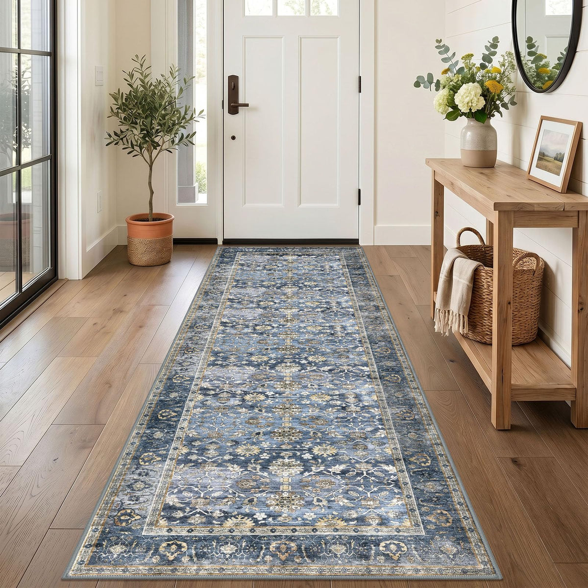 KUTA Vintage Floral Washable 2x3 Rugs for Entryway Blue Grey Beige