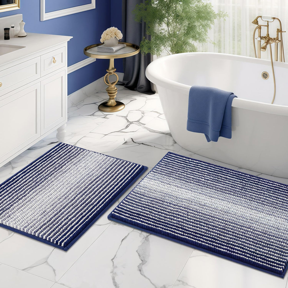 BSICPRO Bathroom Rugs Sets 2 Piece, Non Slip Striped Bath Mats, Sage