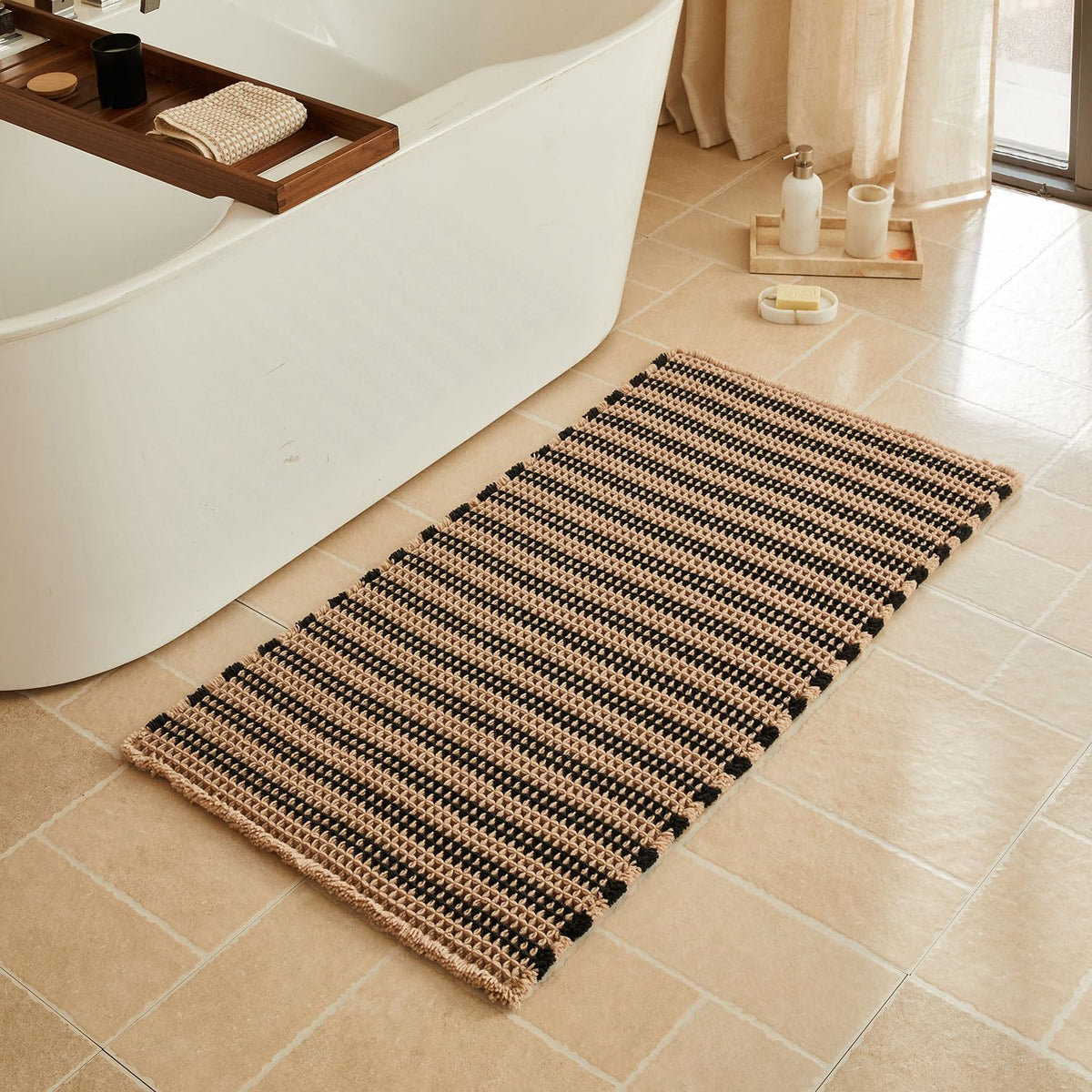 Triohero Waffle Bath Mat, Small Boho Bathroom Rugs Non Slip, 16x24 Khaki