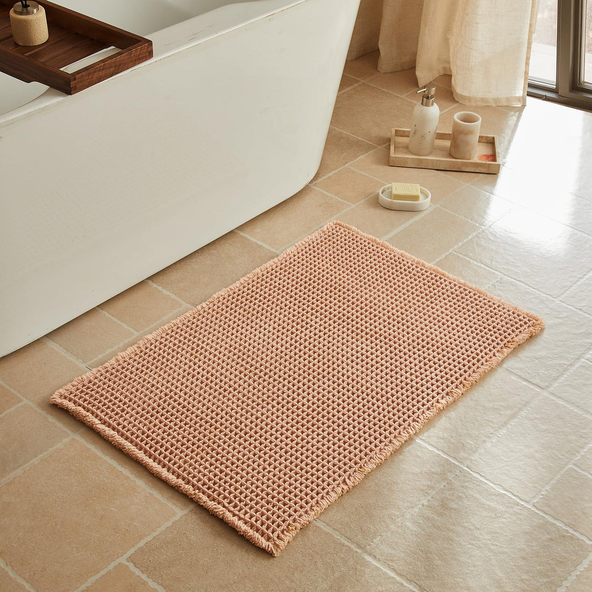 Triohero Waffle Bath Mat, Small Boho Bathroom Rugs Non Slip, 16x24 Khaki