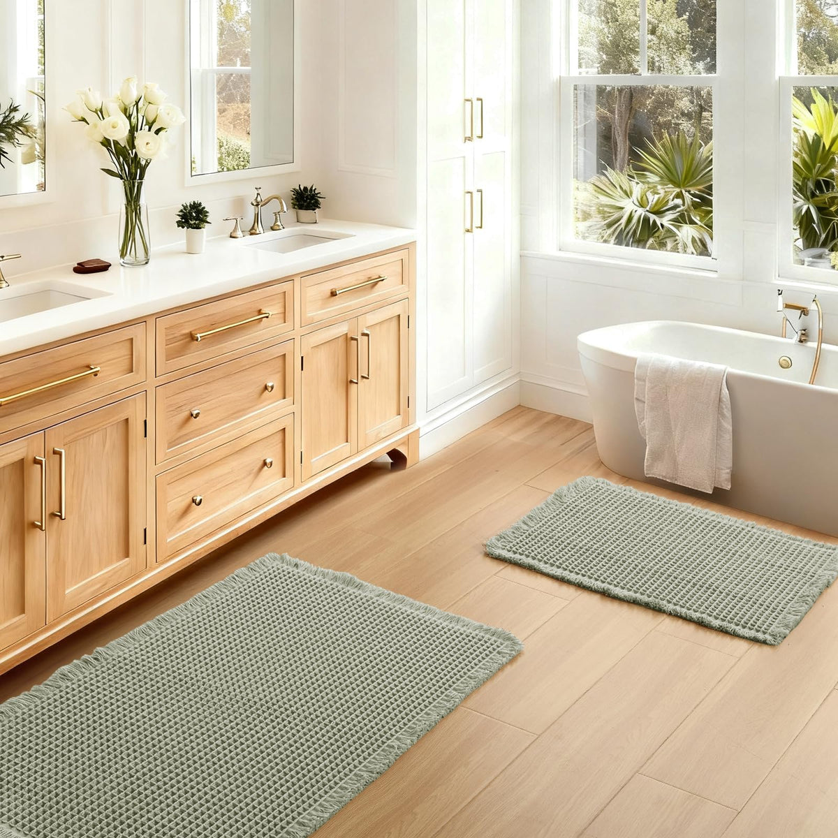 JIUZHEN Set of 2 Waffle Bath Mats Boho Bath Rugs 16"x24"+20"x32", Brown