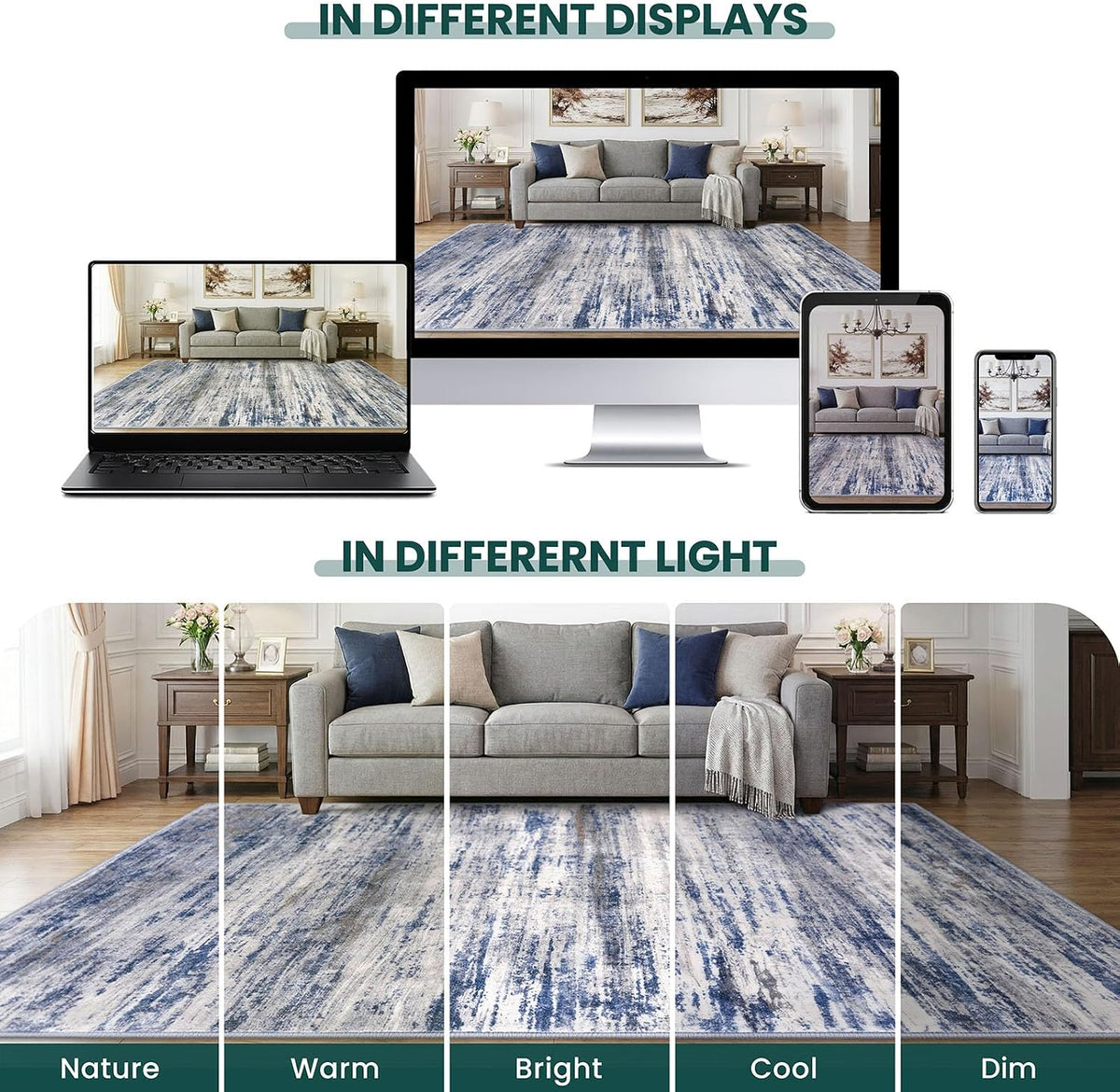 KOZYFLY Abstract Rugs for Entryway 2x3 Washable Small Area Rug Grey-Blue