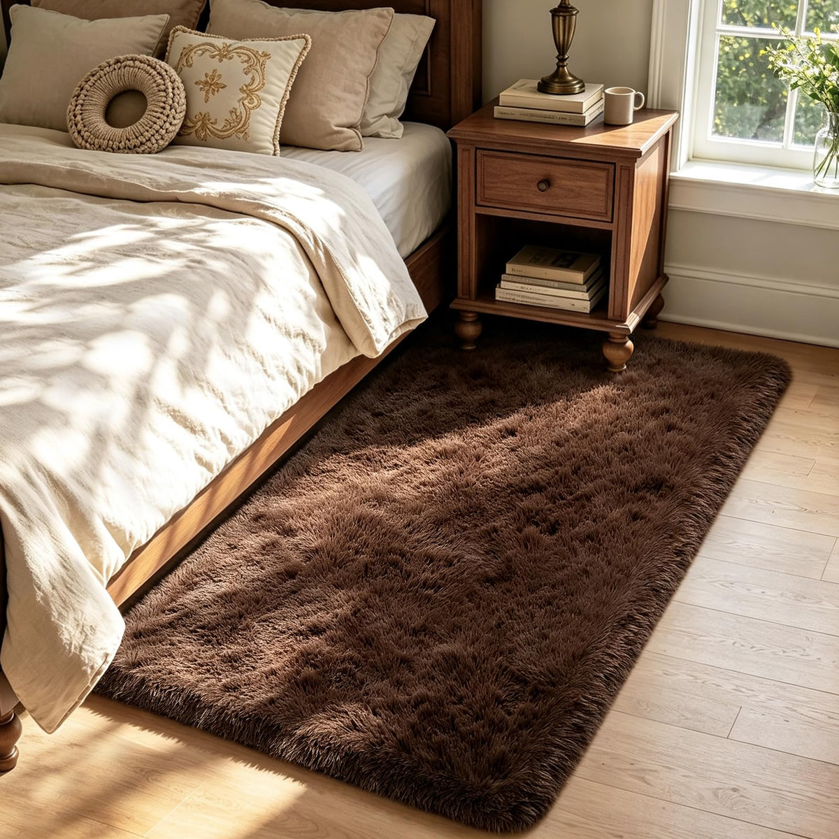 Beige 2x4 Area Rugs for Bedroom, Fluffy Shag Rug Small Rug Bedside Carpet