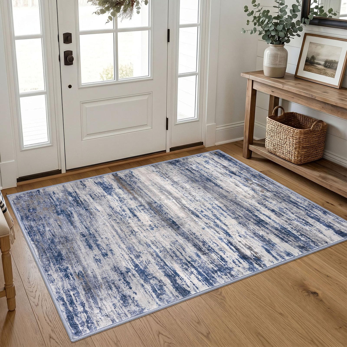 KOZYFLY Abstract Entryway Rug 2x3 Washable Door Mat Indoor Blue Beige