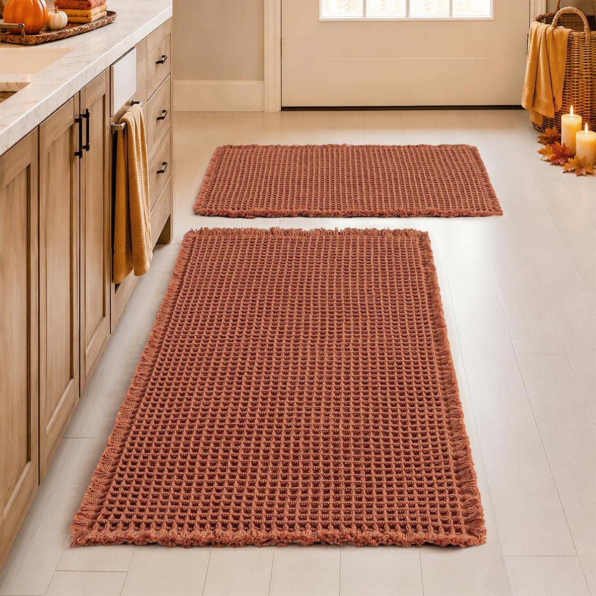 MIULEE Set of 2 Waffle Bathroom Rugs Boho Bath Mat Brown 18x30 Inch