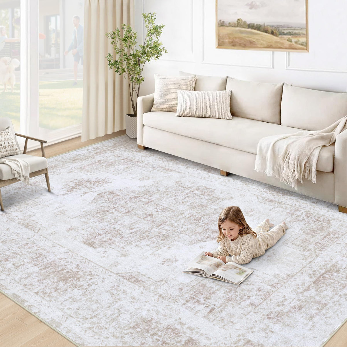 XLUEZ Area Rug 8x10 Living Room Rug, Machine Washable Vintage Distressed Medallion Rug Non-Slip Soft Low Pile Large Indoor Rugs for Bedroom Dining Room Office Children's Room (Beige,8'x10')