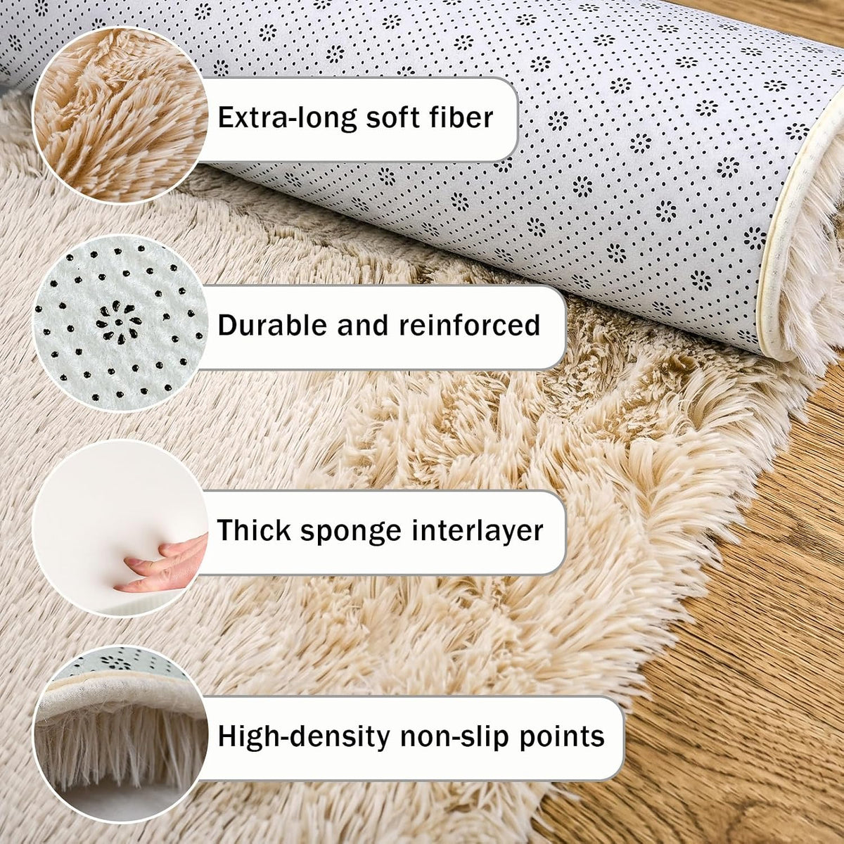 Runner Rugs for Bedroom Living Room, 2x6 Ultra Soft Plush Fluffy Bedside Rug, Long Shaggy Furry Bedroom Throw Rugs Floor Rug with High-Density Non-Slip Bottom for Dorm, Hallway, Ivory White, 2Pcs