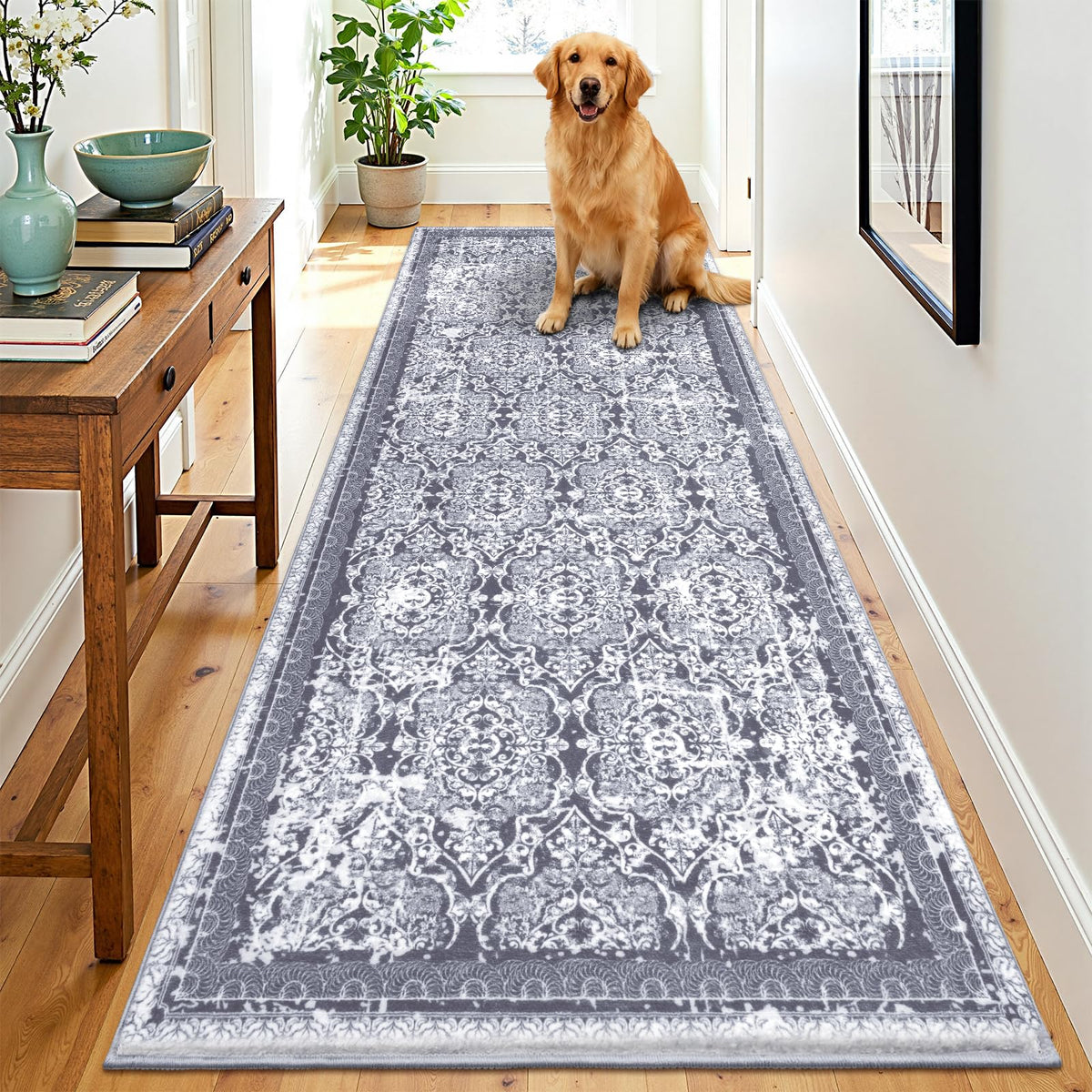 Vaukki Hallway Runner 2x6 ft, Grey Vintage Shaggy Soft Kitchen Rug