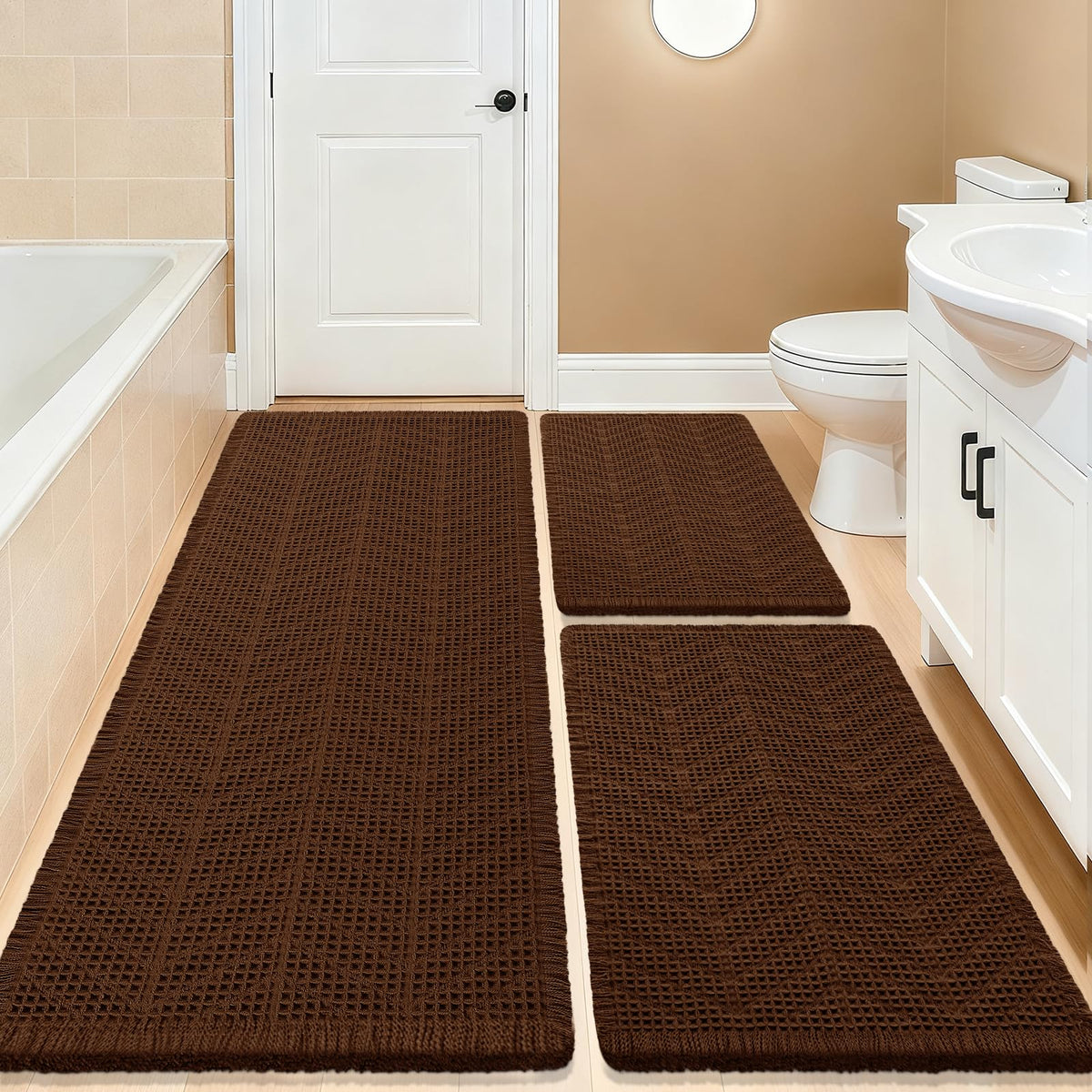 Upgrade Waffle Bath Mat Set 2 Piece, Boho Bathroom Rugs Absorbent Non Slip, Ultra Soft Bathroom Mat, Machine Washable Knit Bath Rugs with Herringbones for Bathroom, Bedroom, Kitchen, Shower, White