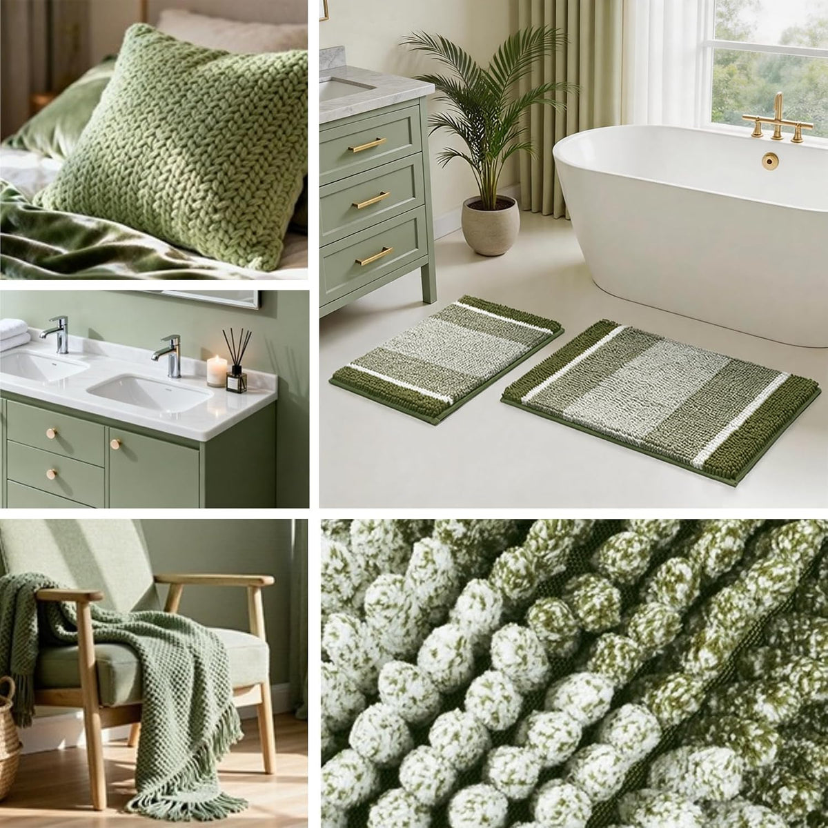 HOMEIDEAS Sage Green Bathroom Rugs Sets 2 Piece Chenille, 20"x32"+17"x24"