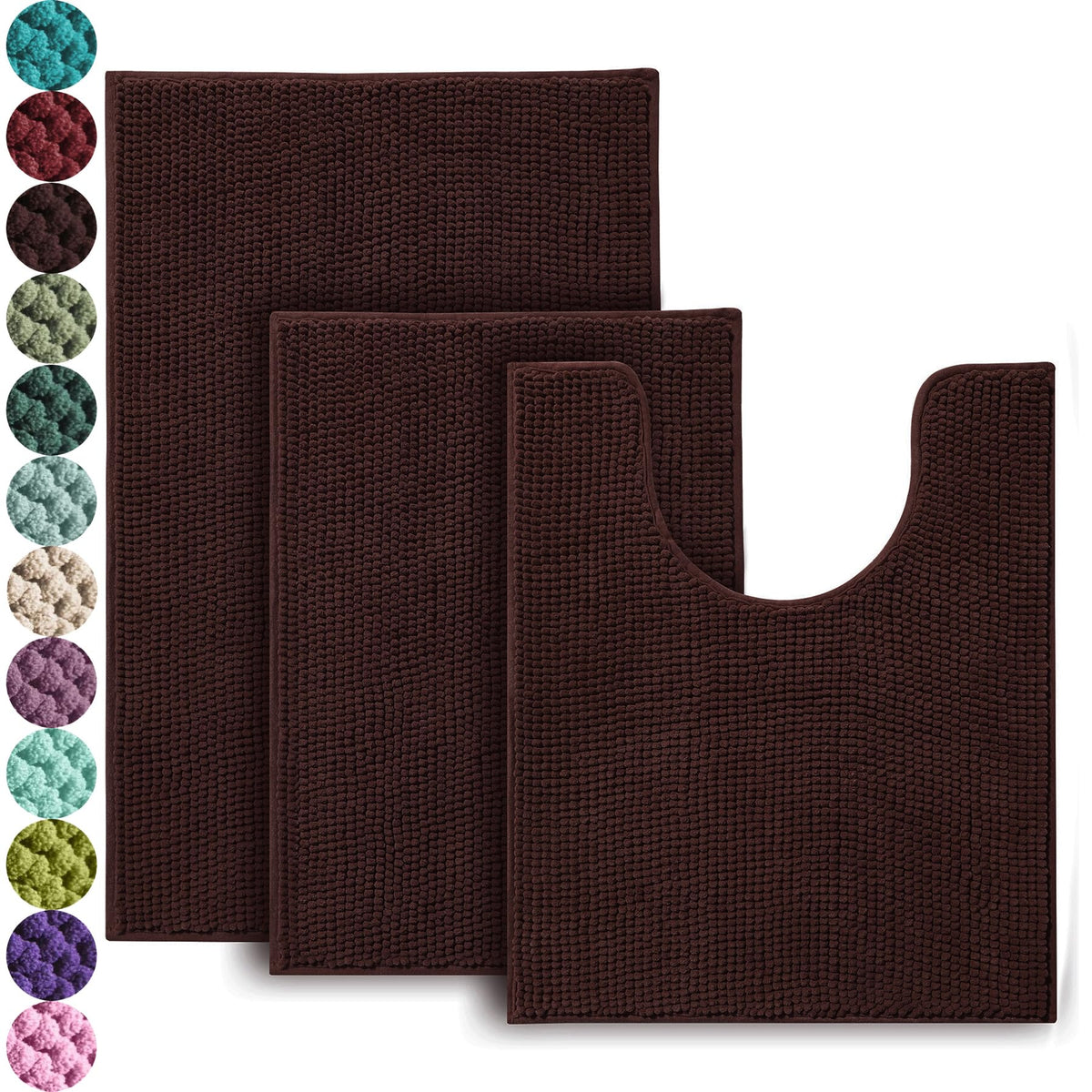 Urvoix Bathroom Rugs Sets 3 Piece, Non-Slip Chenille Bath Rug Set