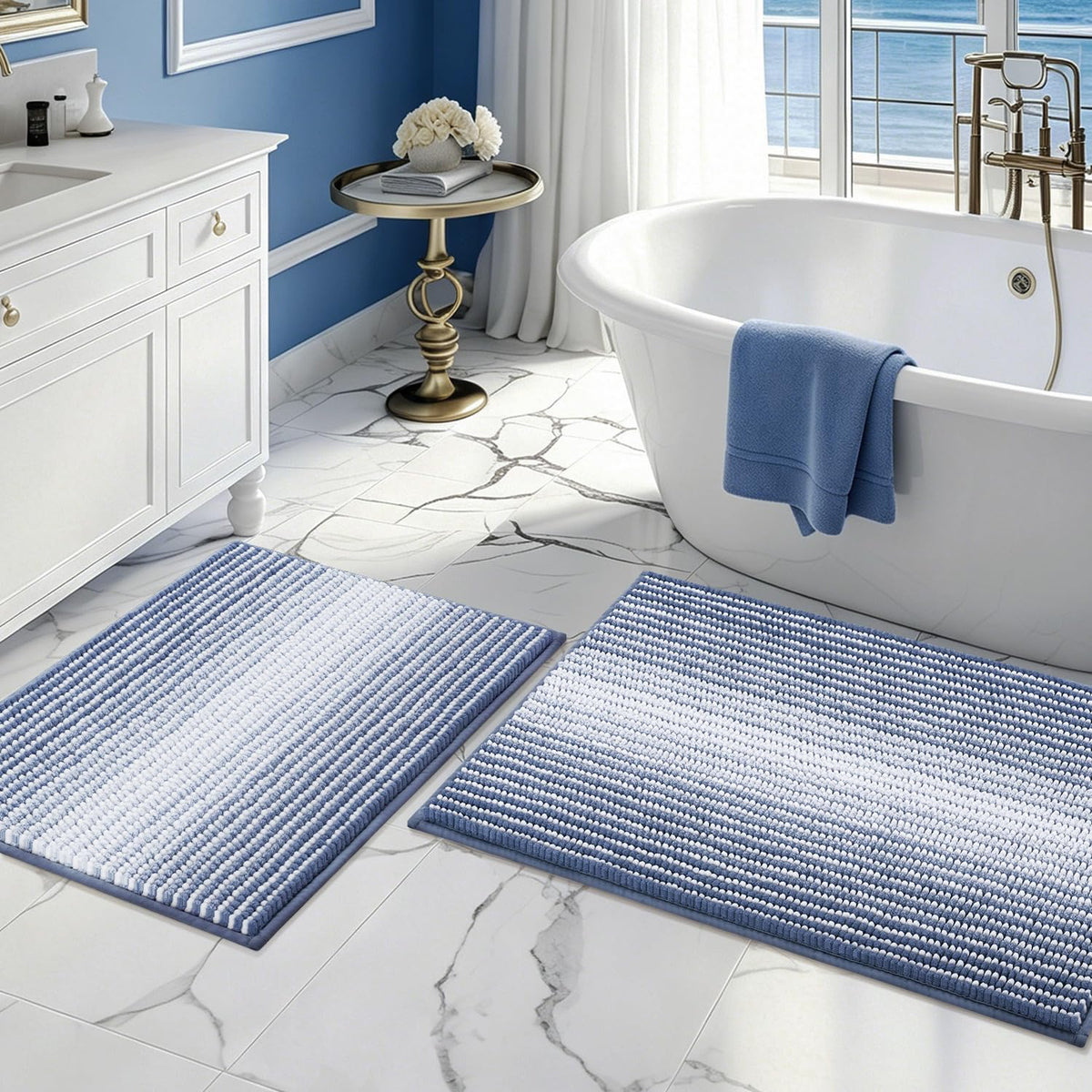 BSICPRO Bathroom Rugs Sets 2 Piece, Non Slip Striped Bath Mats, Sage
