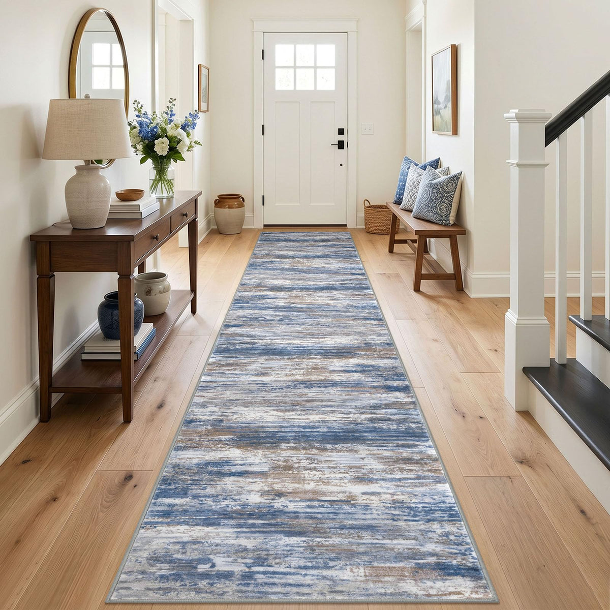 KOZYFLY Abstract Entryway Rug 2x3 Washable Door Mat Indoor Blue Beige