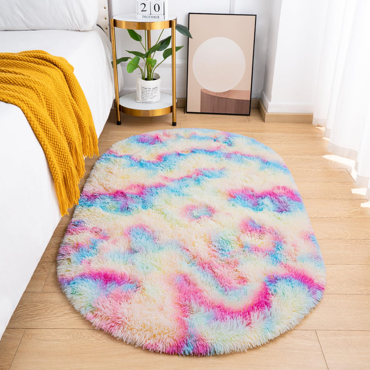 Goideal Fluffy Bedroom Rug, Small Oval Area Rugs, Cream Shag Bedside Carpet for Kids Room Nursery Dorm Cute Fuzzy Indoor Decor for Boy and Girl, 2.6 x 5.3 Feet