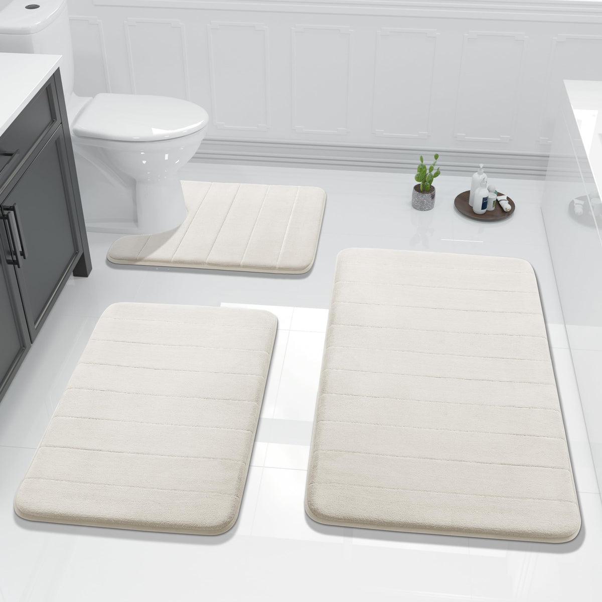 Yimobra Memory Foam Bath Mat Set 3 Pieces- Super Soft Absorbent Quick Dry Bathroom Rug Sets, Machine Washable Non Slip Floor Carpet for Tub Shower, Vanity & Toilet Base, Gray