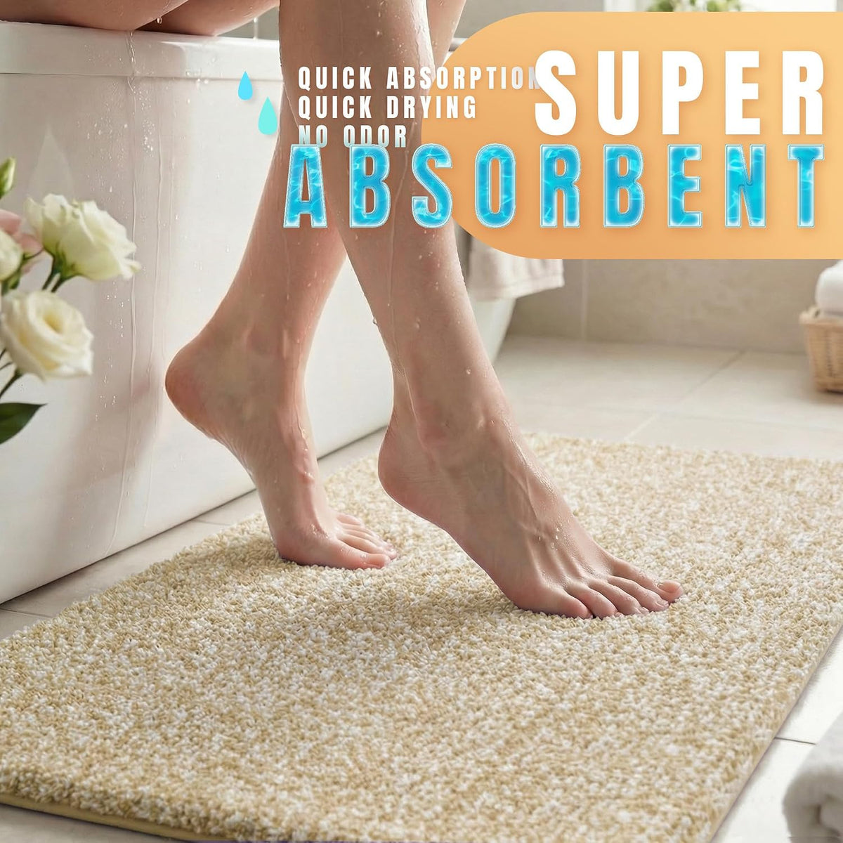 Yimobra Non Slip Machine Washable Bathroom Rug 24x17 Light Beige and White