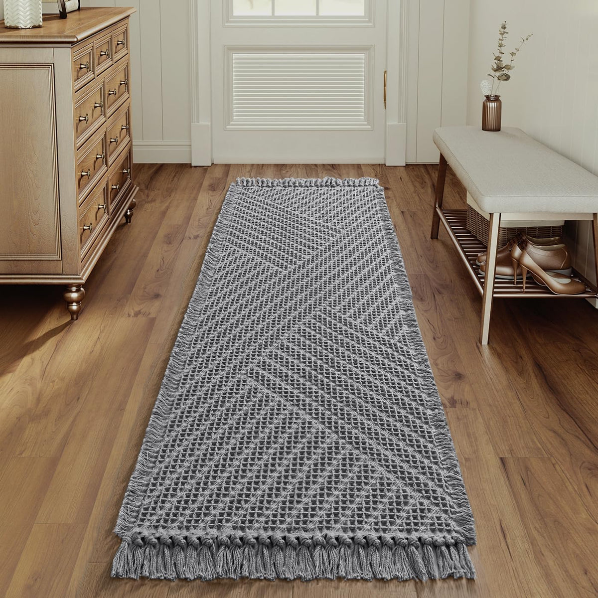 H.VERSAILTEX Waffle Bath Mat Super Absorbent Boho Bath Mat Non Slip Bath Rugs for Bathroom Floor Machine Washable Dry Fast Bathroom Rugs with Tassels, 24" x 36", Ivory White