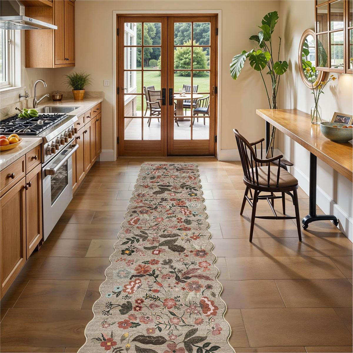 2x4 Rug Washable for Entryway - Non-Slip Scalloped Floral Throw Rug Black