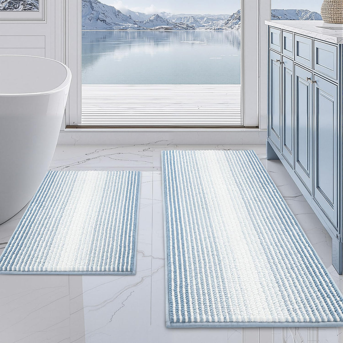 BSICPRO Bathroom Rugs Sets 2 Piece, Non Slip Striped Bath Mats, Sage