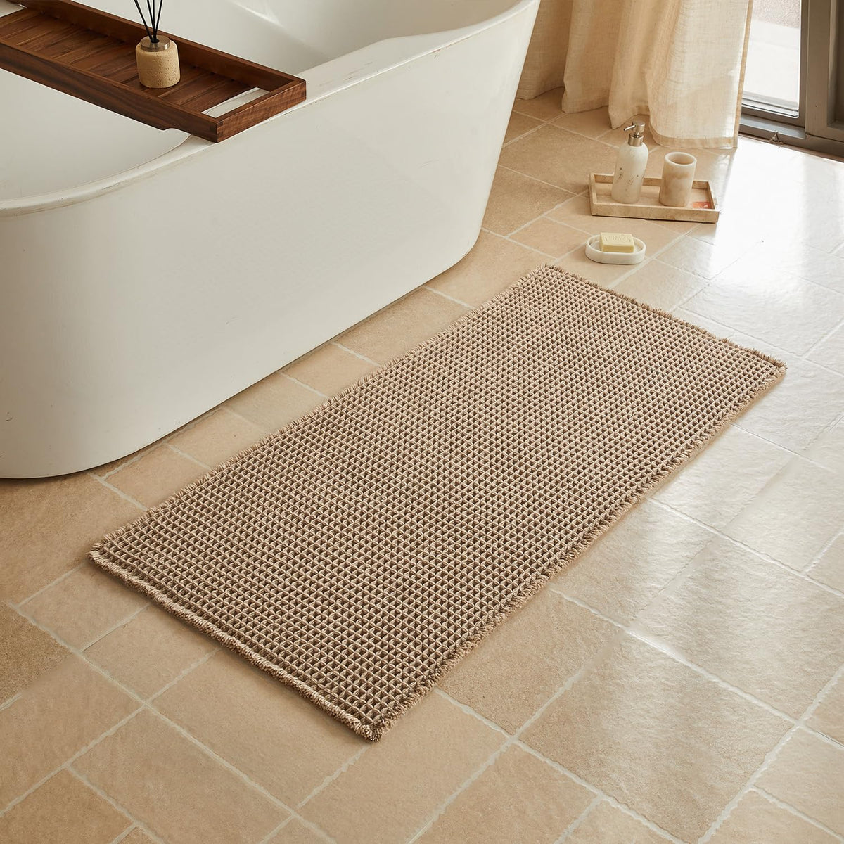 Triohero Waffle Bath Mat, Small Boho Bathroom Rugs Non Slip, 16x24 Khaki