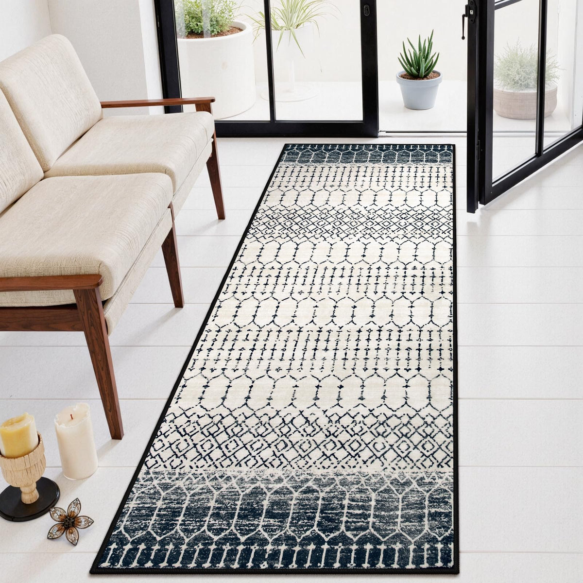 Lahome Moroccan Indoor Rugs for Entryway 2x3 Area Rug Non-Slip Backing Washable Inside Door Mats Low-Profile Throw Soft Rugs for Bathroom, Geometric Print Distressed Blue Rug for Kitchen Bedside Hana