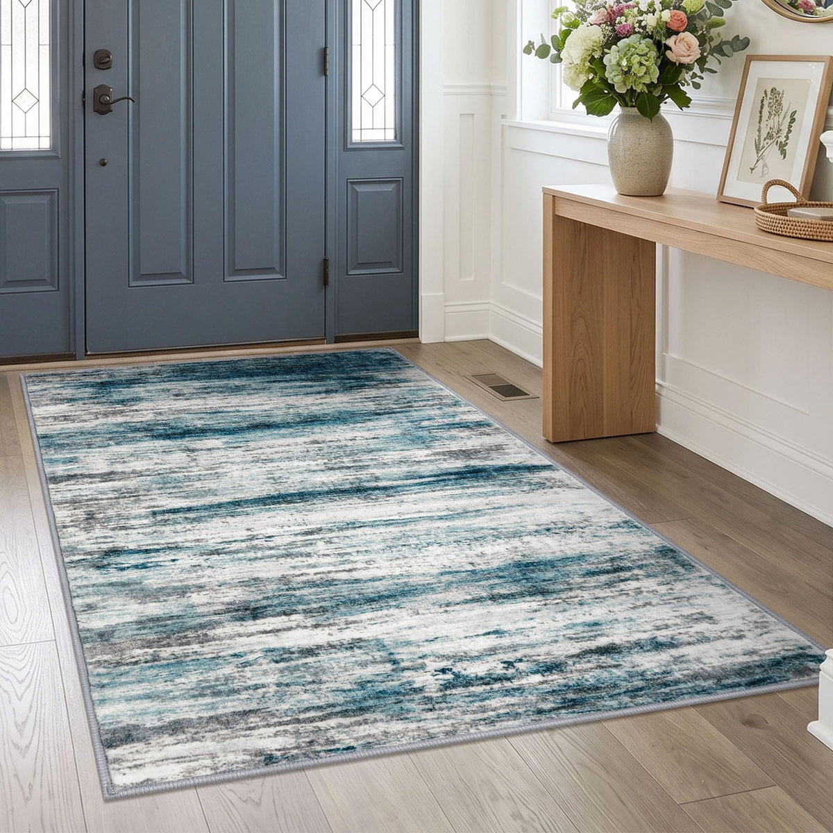 KOZYFLY Abstract Rugs for Entryway 2x3 Washable Small Area Rug Grey-Blue