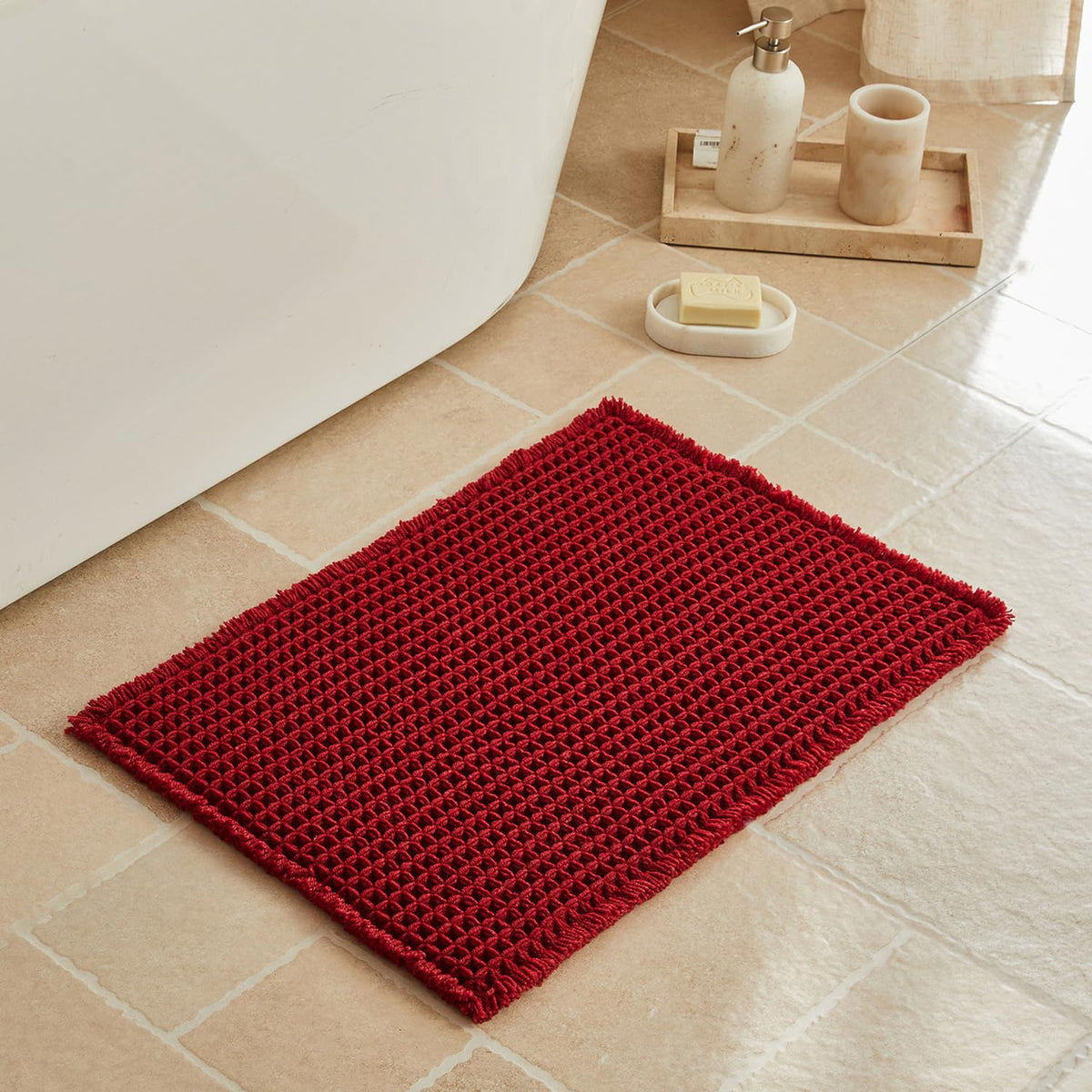 Triohero Waffle Bath Mat, Small Boho Bathroom Rugs Non Slip, 16x24 Khaki