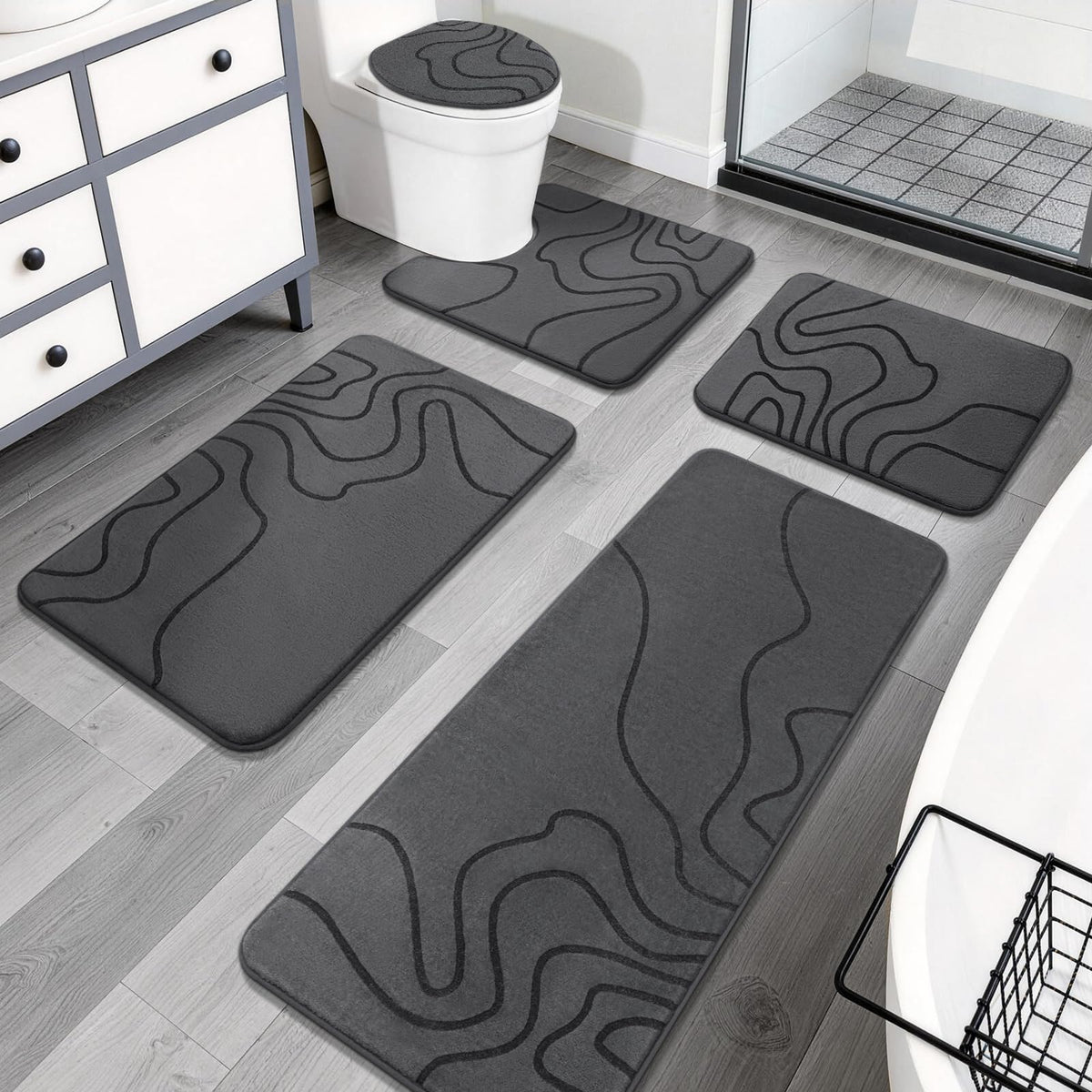 YIHOUSE Memory Foam Bathroom Rugs Sets 2 Piece, 32"x20"+24"x17", Dark Grey