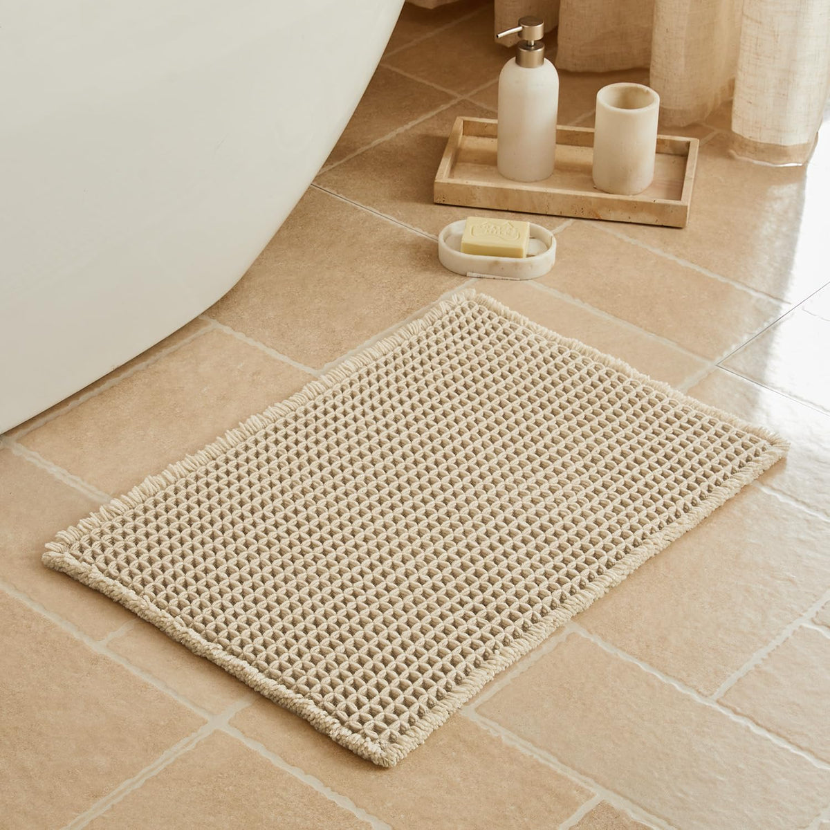 Triohero Waffle Bath Mat, Small Boho Bathroom Rugs Non Slip, 16x24 Khaki